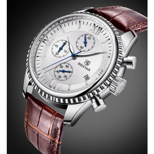 Luxury Brand BENYAR 2019 Men Fashion Sports Quartz Waterproof Leather Men Business Watch Relogio Masculino Free bracelet gift