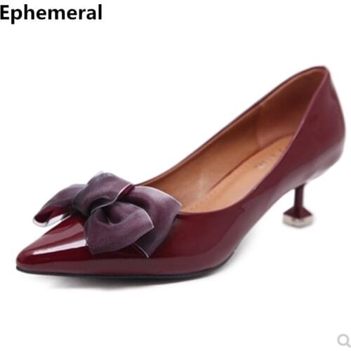 Womens Vintage High Heels Pumps Silk Bowtie Patent Leather Stilettos Claussure Femme Cute Shoes Plus Size 9 5 Wine Black Beige