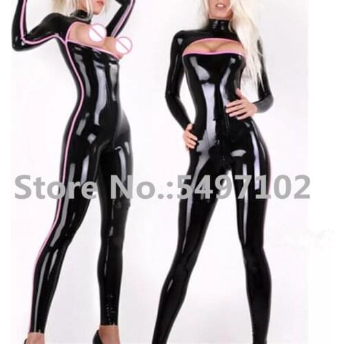 Unique Bakc with Pink Strips Latex Bodysuit Open bust Rubber Catsuit Fetish Gay Costume Custom Made Plus Size