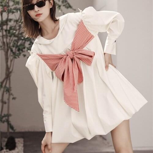 Spring Dress 2021 French Retro Bow Puff Sleeve Dress Women Sweet Puffy Mini Dresses vestidos mujer