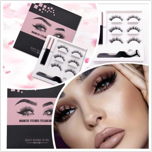 Women Fashion 3Pairs Magnetic Eyeliner False Eyelashes Set Glue-free Magnet Eyelashes Thick Bushy Curly Eyelash Extend Makeup