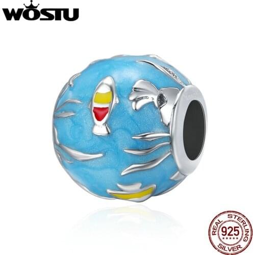WOSTU 925 Sterling Silver Blue Enamel Ocean Sea World Fish Beads Charm for Women Bracelet Female Bijoux S925 Jewelry BKC232