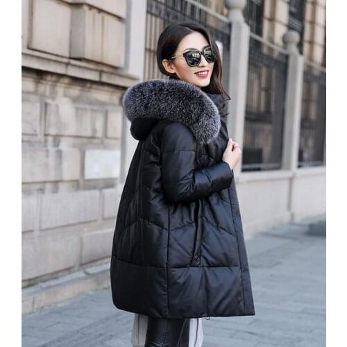 Genuine Down Jacket Woman Hooded Winter Fox Fur Collar Real Sheepskin Coat Korean Leather Jackets ZM-817 KJ3143