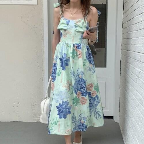 Sannian Women Dress New Summer Elegant Ink Floral Design Pleats Waist-slimming Large Swing Type Halter Dresses Ladies Clothes