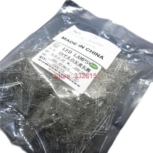 1000PCS F3 YELLOW LED DIP-2 3MM ( FLAT )Water Clear LONG LEGS 2.0-2.2V 588-590NM 350-450MCD light emitting diode LAMP