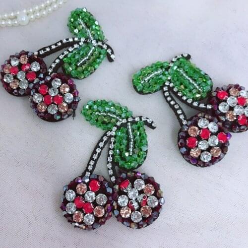 3 Pieces Hand-stitched Fruit Patches Cute Cherry Rhinestones Beaded Patches Sew On Beading Clothes Bag Shoes DIY Accessories