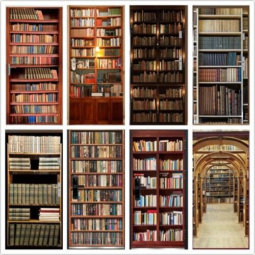 3D Library Door Sticker Self-adhesive Waterproof DIY Bookshelf Wallpaper For Living Room Bedroom Home Wood Doors Refurbish Decal