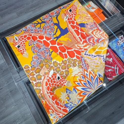 90cm Double Sided 100% Natural Silk Scarf Brand Design Three Giraffes Real Silk Square Scarf Shawl Women Hijab Bandana Kerchief