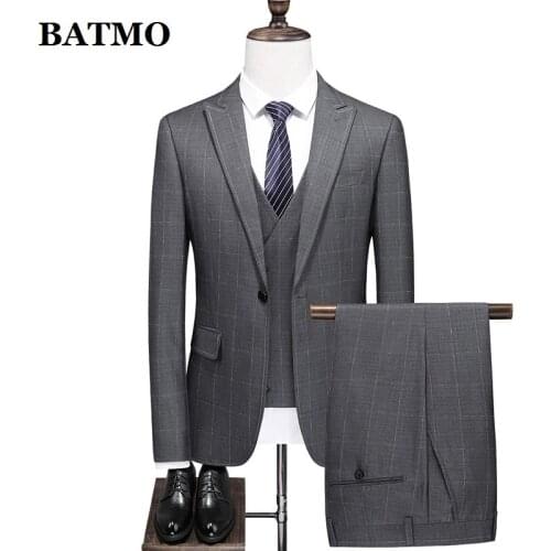 BATMO 2021 new arrival Plaid casual suits men,wedding dress,jackets+pants+vest 6801