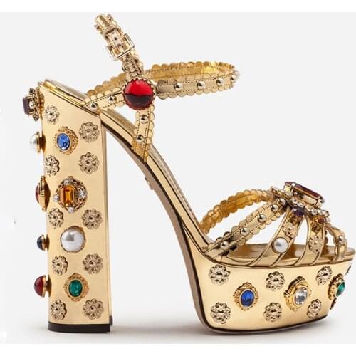 Luxury Gold Leather Multi Gemstone Jewled Sandals Sequare Heel Peep Toe Rivets Strappy Crystal Platform Zapato Wedding Shoes