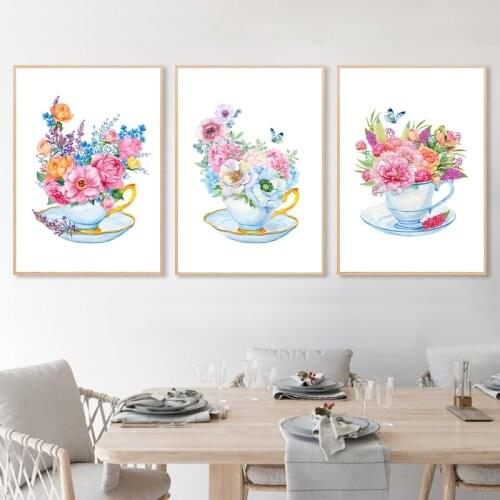 Floral Bouquet in Cup Illustration Watercolor Art Painting Canvas Prints Wildflowers Rose Poster Kitchen Wall Decorative Picture