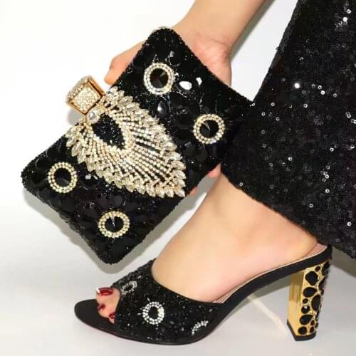 Nice looking black women pumps match handbag set with crystal decoration african shoes and bag for party dress V274,heel 9CM