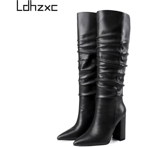 LDHZXC 2020 Keep Warm Knee High Boots Autumn Winter PU Leather Women Shoes Pointed Toe Fashion High Heel Woman Boots Size 34-43