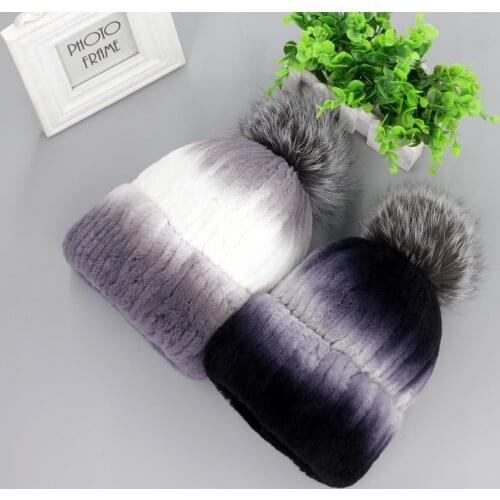 2016 Fashion Genuine Real Rex Rabbit Fur Handmade Stripe Sew Silver Fox Fur Pom Pom Ball Womens Winter Warm Hat Cap Beanie