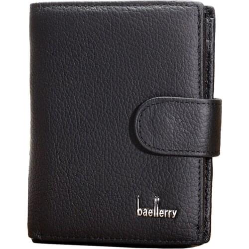 Baellerry Genuine Leather Mens Wallets Litchi Grain Cowhide Black Vertical Style ID Credit Card Holder Coin Change Pocket Purse