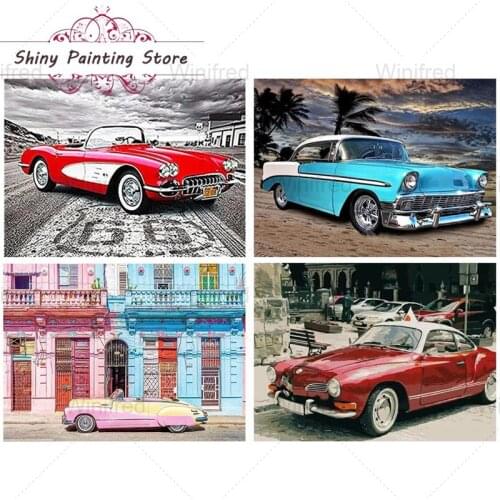 Full Square Round Diamond Painting Cross Stitch Vintage Classic Car Landscape Picture 5D Diamond Embroidery Kit Retro Home Decor