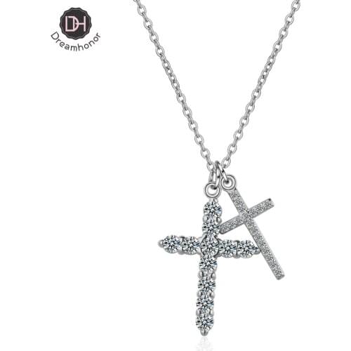 Dreamhonor Simple Temperament 925 Sterling Silver Double Crystal Rhinestone Zirconia Cross Pendant Necklaces Jewelry Accessory