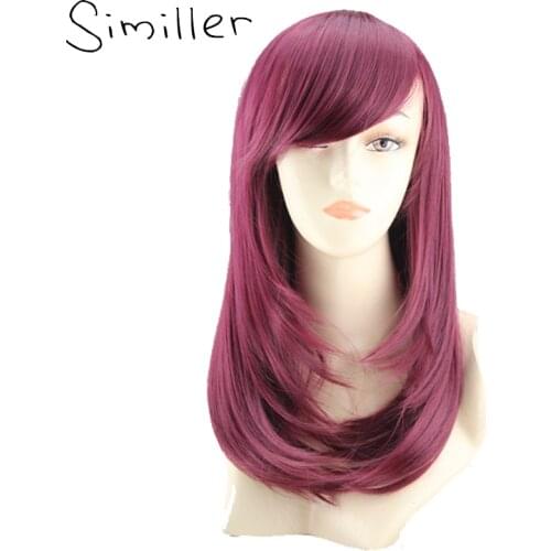 Similler 20 Inches Long Wine Red Cosplay Wigs Straight With Side Bang Synthetic Hair For Party