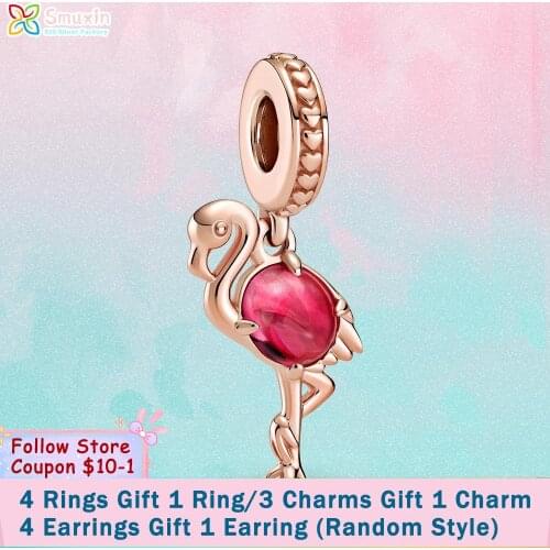 Smuxin 925 Sterling Silver Charm Pink Murano Glass Flamingo Dangle Charm fit Original Pandora Bracelets for Women Jewelry Making