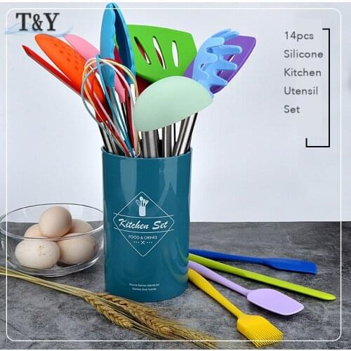 T&Y 14 PCS Mixed Colors Silicone Kitchen Utensil Tool Set Nonstick Heat-Resistant Cookware with Storage Holder