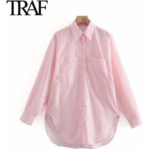 Traf Spring Autumn Long Sleeve Blouse Womans Clothes Buttoned Shirt Korean Fashion Chic Ladies Tops Pink Loose Stripe Shirt