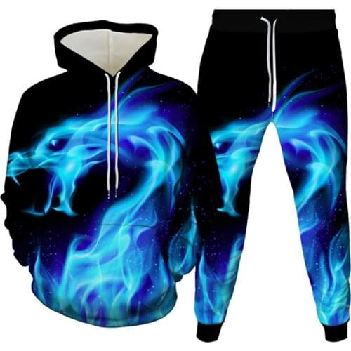 Spring Autumn Men Blue Fire Chinese Dragon Creative Design Clothing Women Hoodies+Long Pants Trousers Casual 2pc Plus Size S-6XL