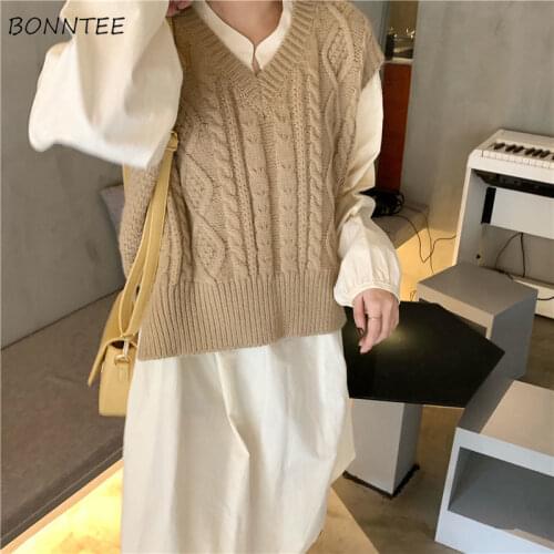 Knitted Sweater Vest Women Solid Elegant Korean Short Style Retro Loose All-match Lovely Daily Outwear Trendy Female Ullzang New