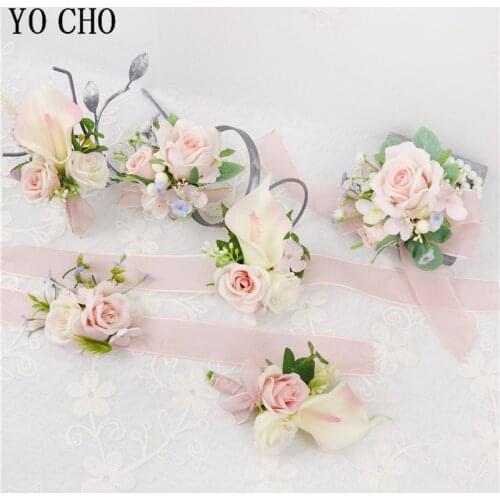 YO CHO Boutonniere Bridal Wrist Corsage Wedding Silk Rose Calla Lily Flower Pink Girl Newest Design Handmade Wedding Boutonniere