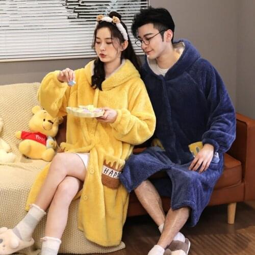 Women Men Hooded Pajama Warm Coral Flannel Kimono Sleepwear Thick Long Soft Cute Nightwear Female Dressing Gown Long Bathrobe