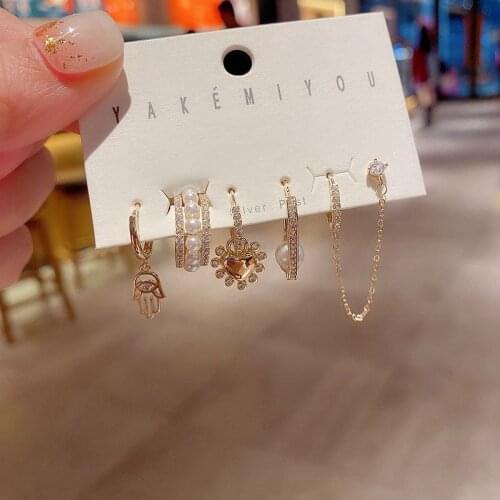 Fashion white Pearl Hoop earrings Set Geometric Fatima Hand dangle earings for women 2021 Party Jewelry Gift