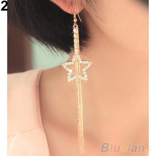Womens Rhinestone Earring Pentacle Star Drop Long Tassels Chain Hook Dangle Linear Earrings Jewerly 2J7G