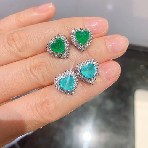 KNRIQUEN Heart-Shaped 7*7 Paraiba Tourmaline Emerald Stone Earrings for Women 925 Sterling Silver Lab Diamonds Earring Jewelry