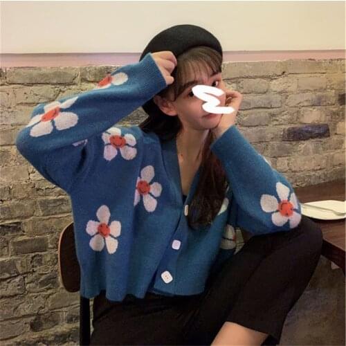 Women Fashion Loose Sweaters Knitwear Chic Style Flower Pattern Long Sleeve V-neck Button Down Cardigan Streetwear 2021