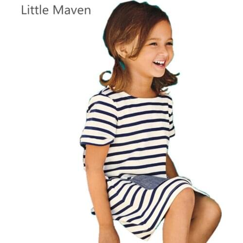Little Maven Brand New Summer Girls Brief Blue Striped Short Sleeve O-neck Pocket Soft Knitted Cotton Causal Beach Dresses