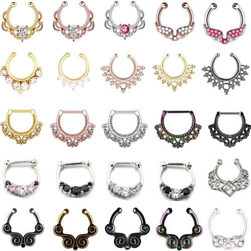 1PCS Crystal Fake Nose Ring Septum Piercing Real Stainless Steel Cheater Nose Piercing Clip Septum Clicker Pircing Nariz Jewelry