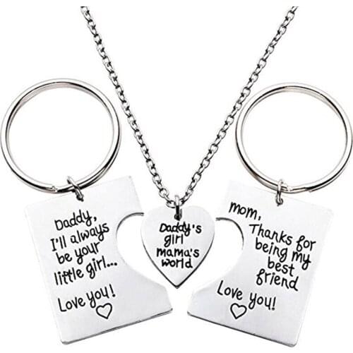 3pcs/Set Dad Daughter Mother Pendant Necklace Keychain Sets Mothers Day Fathers Day Gift Jewelry Father Mom Keyring Necklaces
