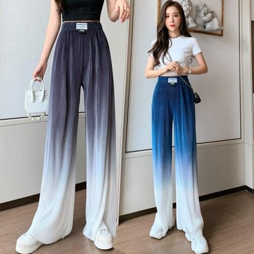 Summer 2021 Gradient Design Feeling Wide Leg Pants Ice Drop Loose Thin Trousers Women Elastic Waist Pleated Womens Clothing