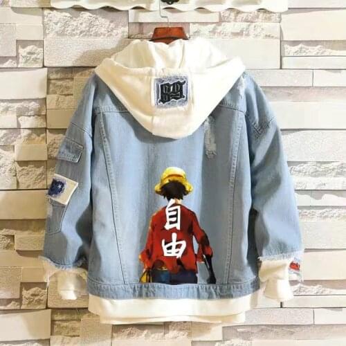 Denim Jackets Men Light Blue Winter Jean Jackets Outerwear Cartoon Anime Denim Coats Men Clothes Loose Casual Japanese Style