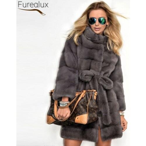 FUREALUX Fashion Light Luxury Real Mink Fur Coat Stand Collar Coat Womens Winter Warm Clothes Street European Fashion Handmade