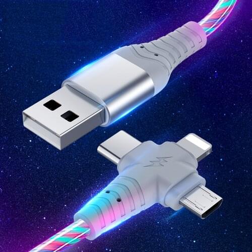 3 In 1 Magnetic Cable Flowing Light LED Type C Charging Cord Micro USB Cable For iPhone Huawei 3in1 Fast Charge Cord For Xiaomi