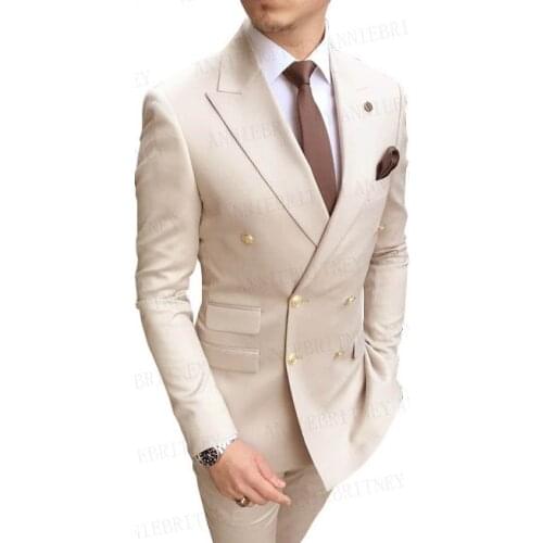 Classic Gold Buttons Men Suits Double Breasted Custom Beige Gentleman Tuxedo Blue Wedding Groom Dress Suit Blazer with Pants Set