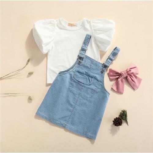 3Pcs Little Girls Outfit Summer Sweet Style Solid Color Round Collar Puff Short Sleeve Tops + Bow + Princess Suspender Skirt