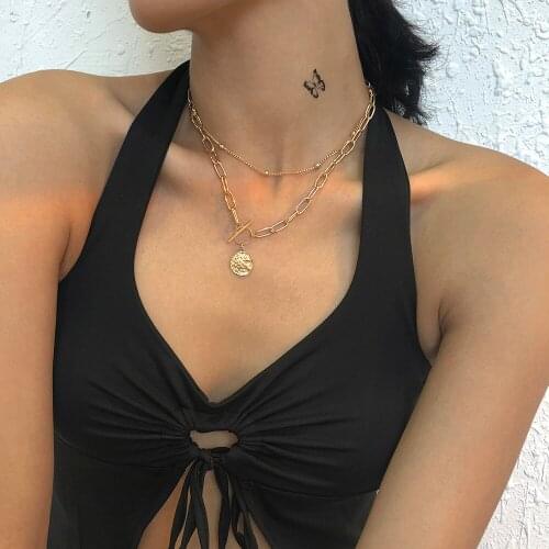 Lalynnly Fashion Choker Necklaces Gold Color Female Retro Clavicle Alloy Chain Round Pendant Necklace For Women Jewelry N8637