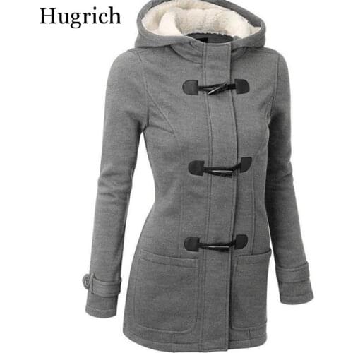 2020 New Autumn / Winter Womens Coat Ox Horn Button Coat Thickened Hooded Blended Jacket Womens Cotton Padded Jacket 202