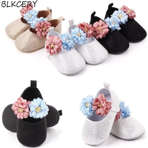Fashion Brand Newborn Baby Girls Shoes PU Leather Buckle First Walkers with Flower Soft Soled Non-slip Crib Shoes for 1 Year Old