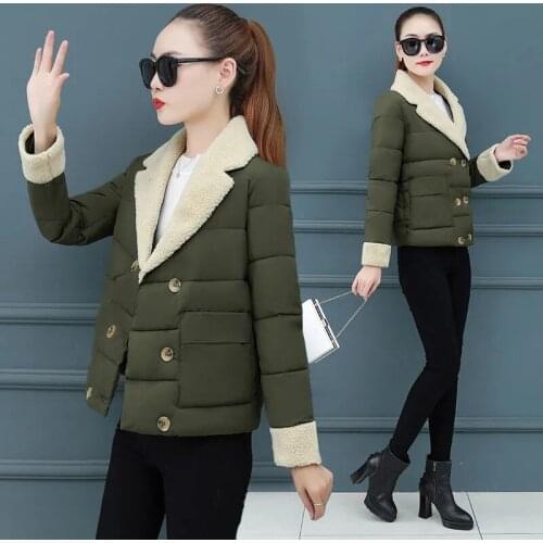 Autumn Winter Warm Short Jacket Lamb Wool Patchwork Cotton-Padded Parkas V-Neck Double Breasted Women Elegant Classic Coat