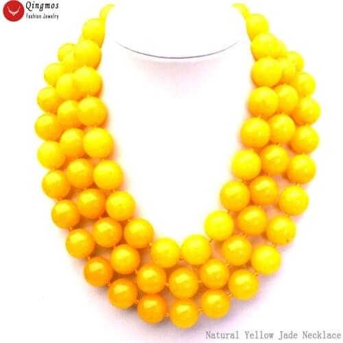 Qingmos Natural Yellow Jades Necklace for Women with 20mm Round Jades Necklace Stone Jewelry Chokers 3 Strands 18-23" nec6338