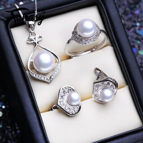 FENASY 925 Sterling Silver Pendant Necklace Natural Pearl Jewelry Sets For Women Classic Stud Earrings Fashion Party Rings
