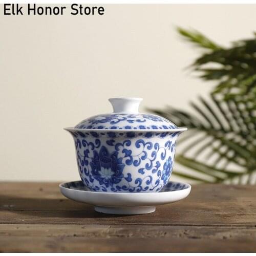 220ml Blue And White Porcelain Sancai Tureen Single Cups Handmade Gaiwan Boutique Kung Fu Tea Accessories Office Decorations
