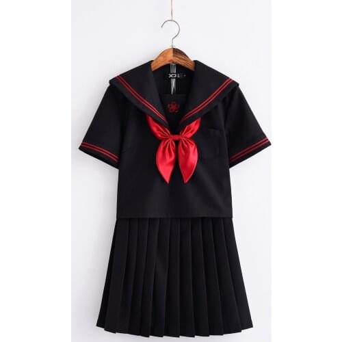 Japanese JK Uniforms Short Sleeve Embroidered Sakura Black Sailor School Uniforme Student Wear Cosplay Uniform Saia Colegial